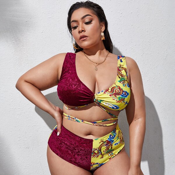 

Plus Chinese Dragon Print High Waisted Bikini Swimsuit, Multicolor