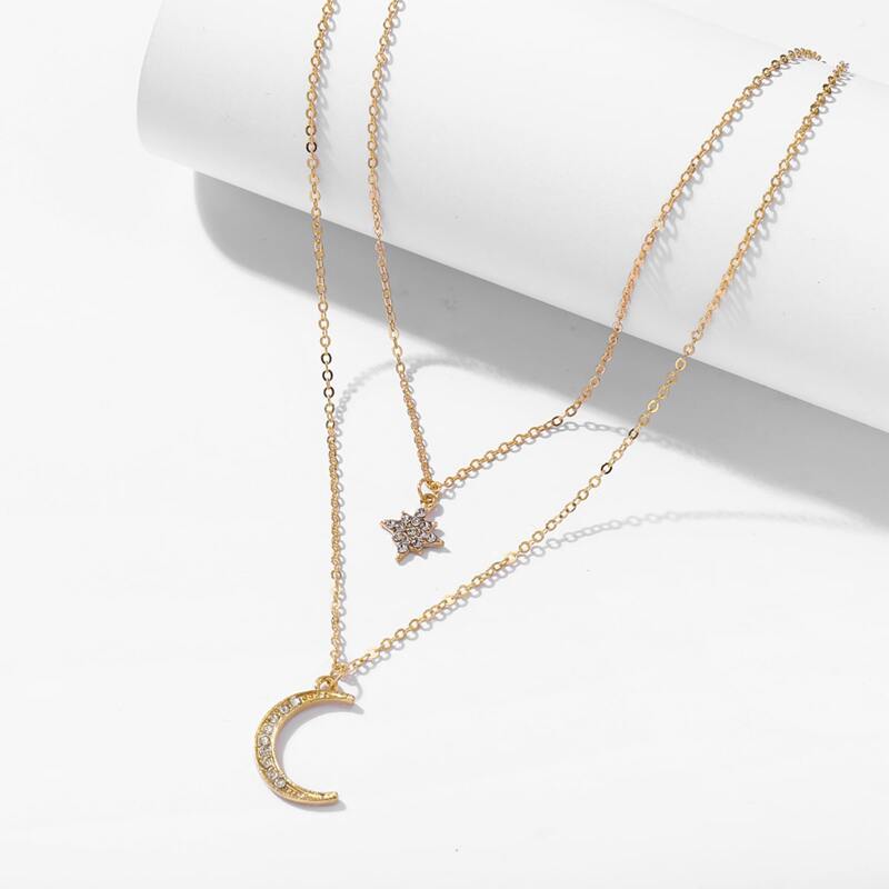 

Rhinestone Star & Moon Layered Necklace, Gold