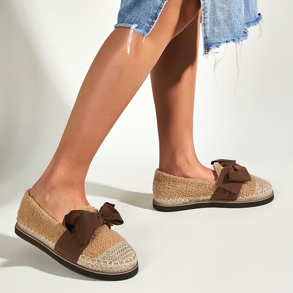 

Bow Decor Faux Shearling Espadrille Flats, Brown