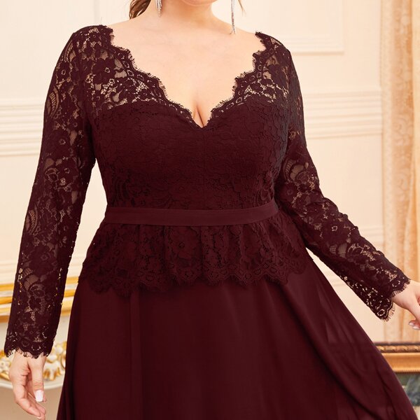 

Plus Plunging Neck Contrast Lace A-line Dress, Maroon