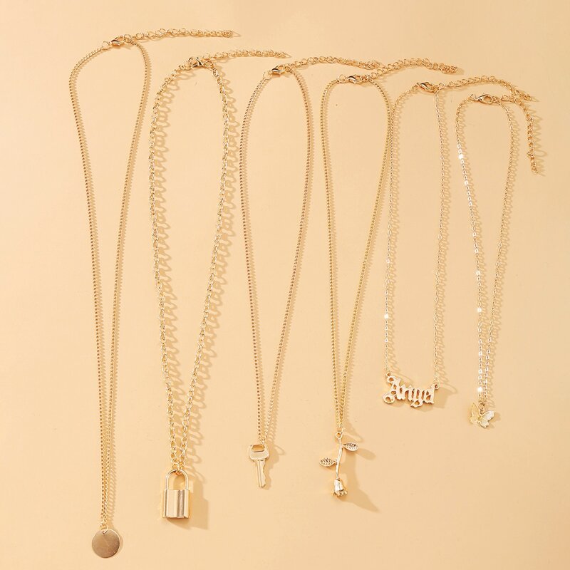 

6pcs Rose & Butterfly Decor Necklace, Gold