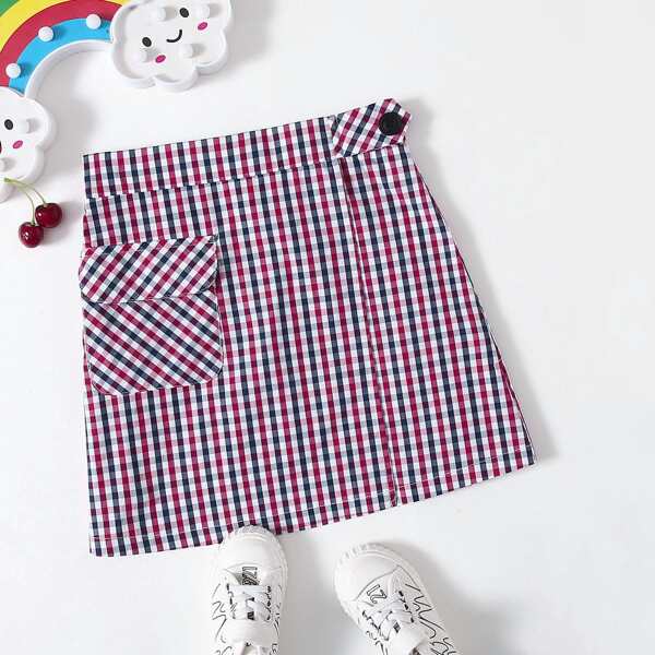 

Girls Flap Pocket Wrap Plaid Skirt, Multicolor