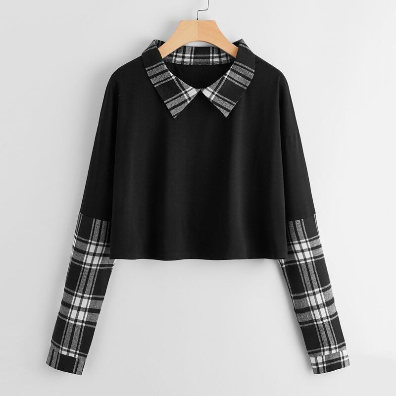 

Contrast Plaid-Collar Oversized Crop Tee, Black