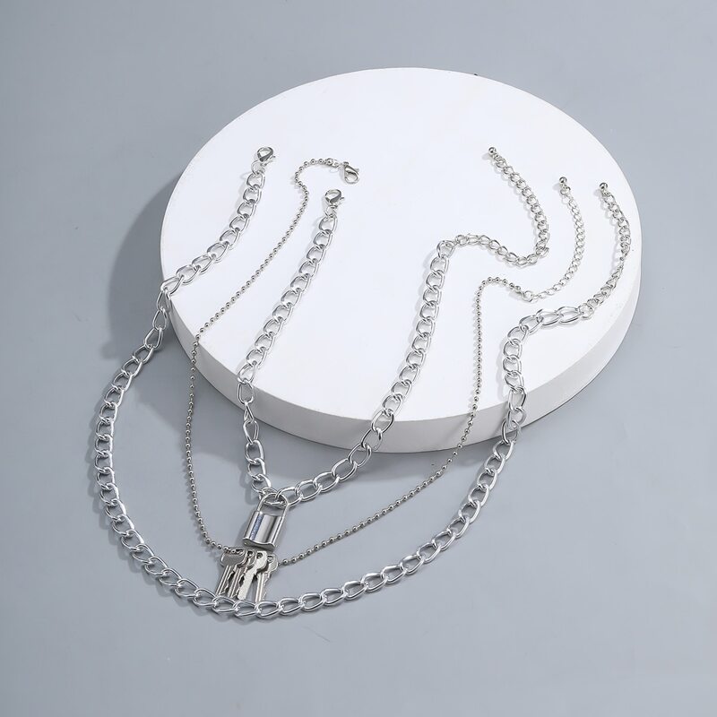 

3pcs Lock & Key Decor Chain Necklace, Silver