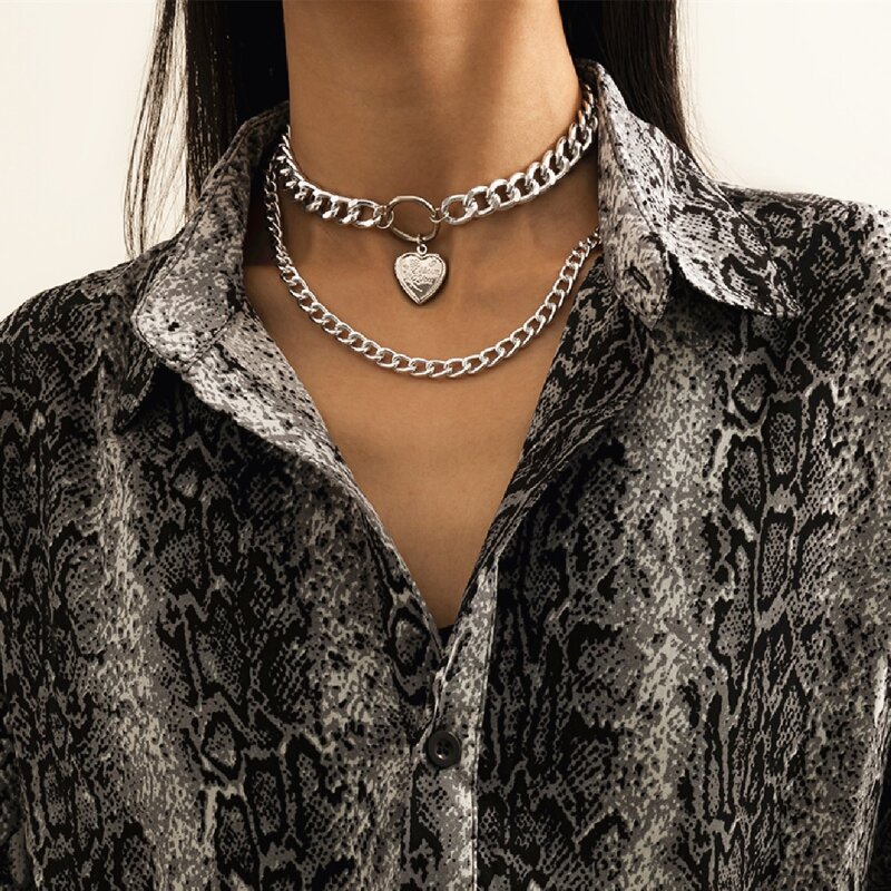 

Heart Decor Layered Chain Necklace, Silver