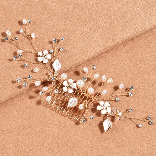 

Faux Pearl & Rhinestone Decor Hair Comb, Gold