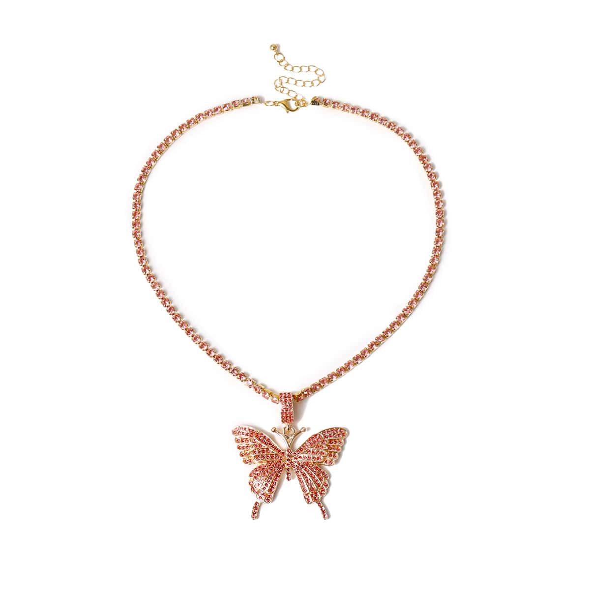 Rhinestone Butterfly Pendant Necklace, Hot pink