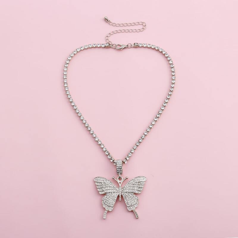 Rhinestone Butterfly Pendant Necklace, Silver