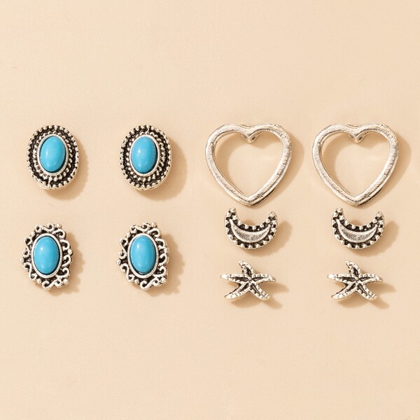 

5pairs Heart & Moon Design Stud Earrings, Silver