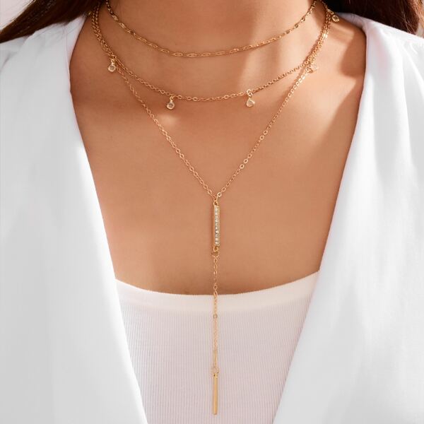 

Rhinestone Bar Charm Layered Necklace, Gold
