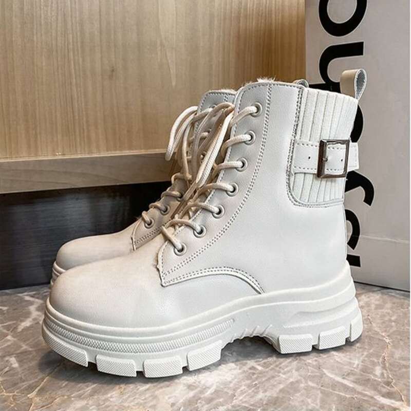 

Buckle Decor Lace-up Combat Boots, White
