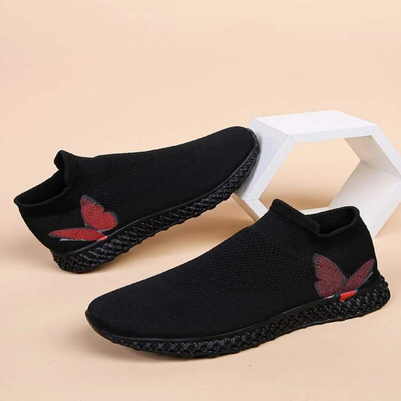 

Butterfly Print Slip On Knit Sneakers, Black