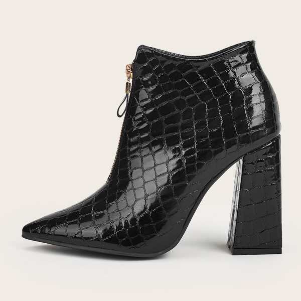 

Zip Front Point Toe Chunky Boots, Black