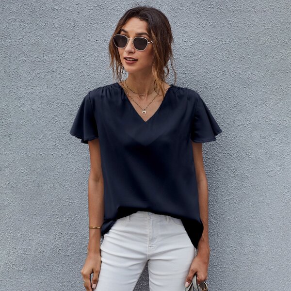 

V-neck Curved Hem Blouse, Navy blue
