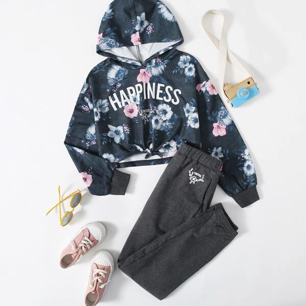 

Girls Floral and Letter Graphic Pullover and Joggers Set, Multicolor