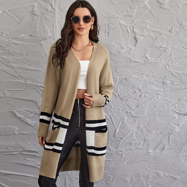 

Striped Drop Shoulder Cardigan, Khaki