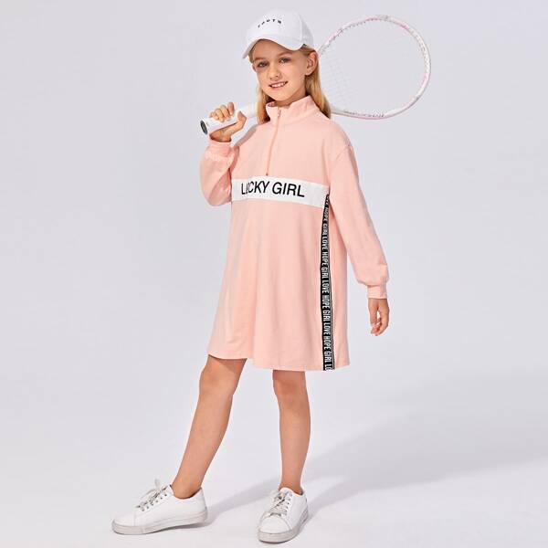 

Girls Contrast Letter Tape Side Zip Half Placket Sweatshirt Dress, Pastel baby pink