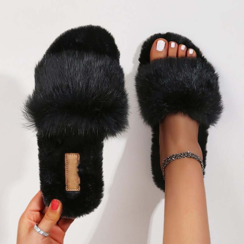 

Solid Fluffy Slippers, Black