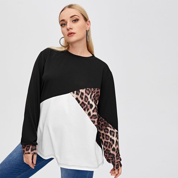 

Plus Drop Shoulder Leopard Print Colorblock Sweatshirt, Black and white