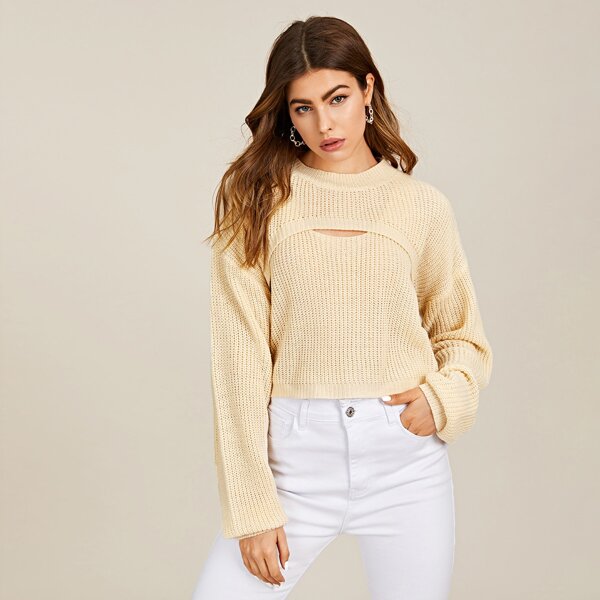 

Drop Shoulder Super Crop Sweater With Camisole, Apricot