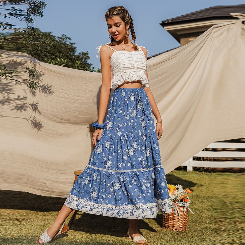 

Tie Waist Floral Skirt, Blue