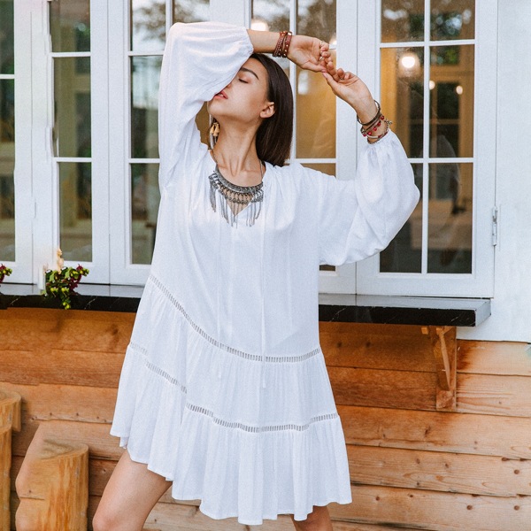 

Lantern Sleeve Smock Dress Without Belt, White