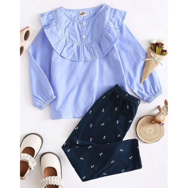 

Toddler Girls Ruffle Trim Solid Blouse & Pants, Blue
