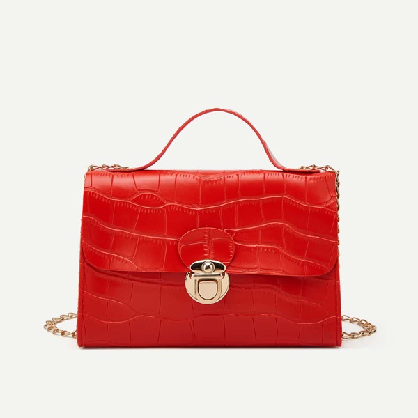 

Push Lock Croc Embossed Satchel Bag, Red