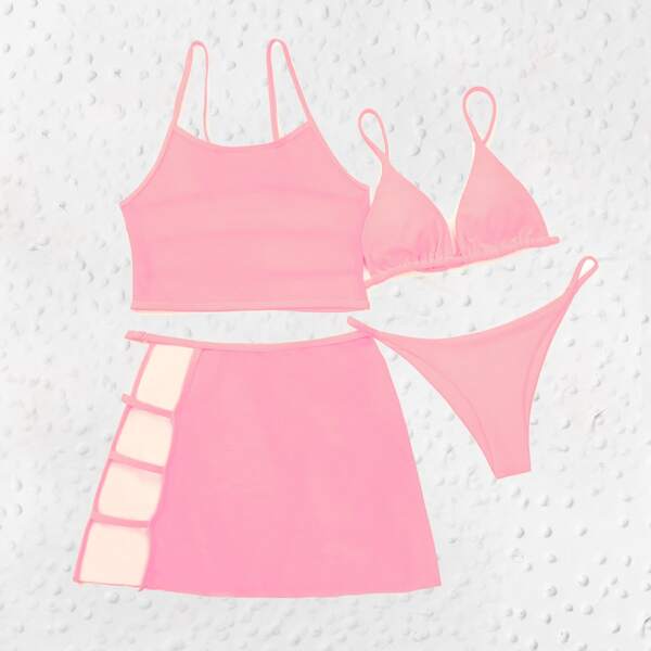 

4pack Mesh Cut-out Triangle Thong Bikini Swimsuit, Baby pink