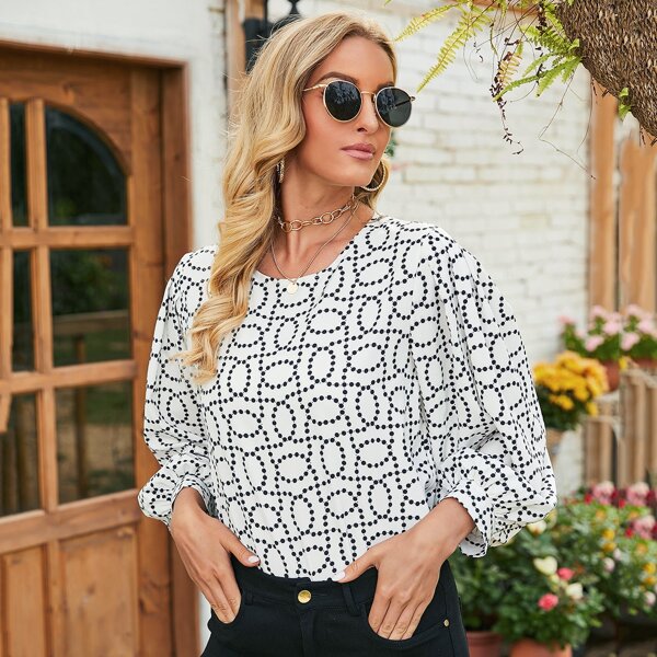 

Polka Dot Lantern Sleeve Blouse, Black and white