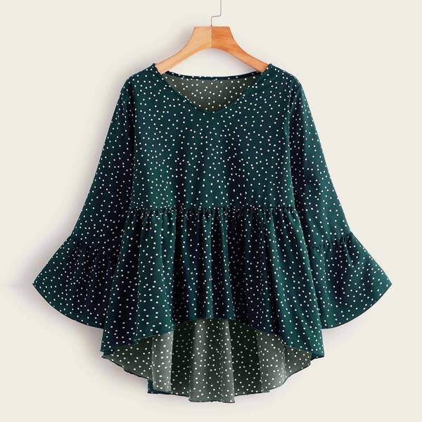 

Plus Polka Dot High Low Babydoll Blouse, Dark green