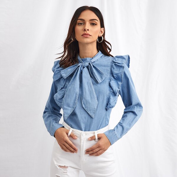 

Tie Neck Ruffle Trim Denim Top, Light wash