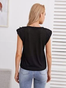 Button Detail Shoulder Pad Tank Top - Black - View 2