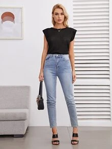 Button Detail Shoulder Pad Tank Top - Black - View 3