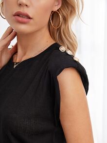 Button Detail Shoulder Pad Tank Top - Black - View 5