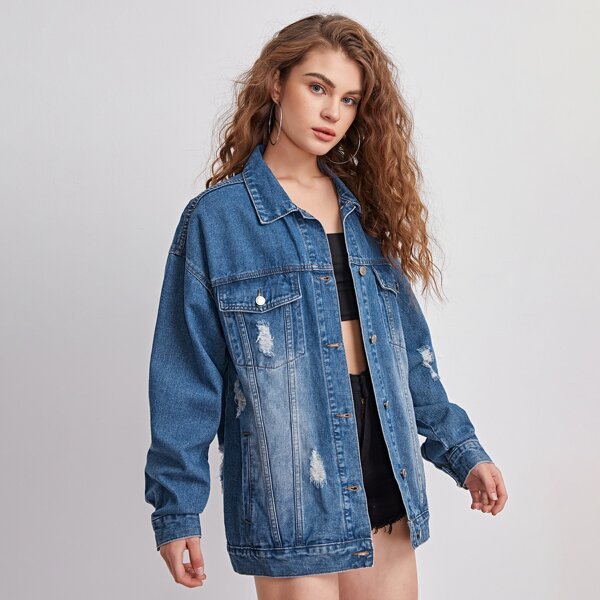 

Drop Shoulder Ripped Denim Jacket, Medium wash
