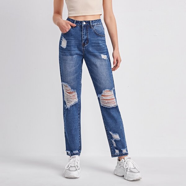

Stonewash Distressed Straight Leg Jeans, Medium wash