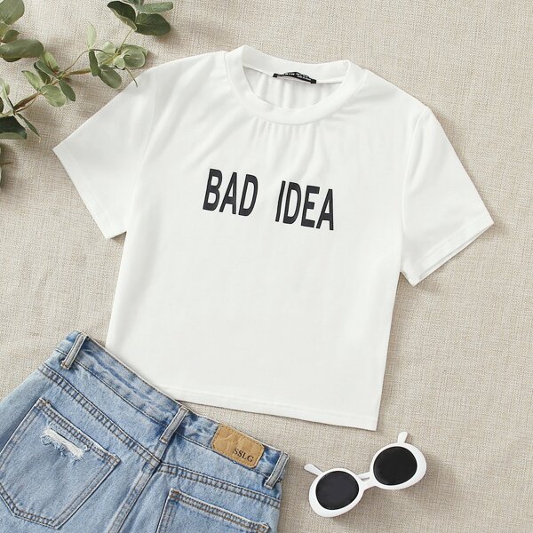 

Letter Graphic Round Neck Crop Tee, White