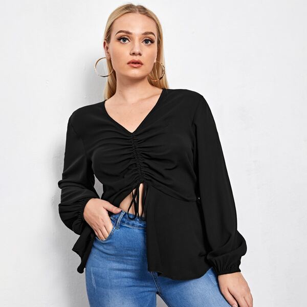 

Plus Ruched Tie Front Bishop Sleeve Blouse, Black