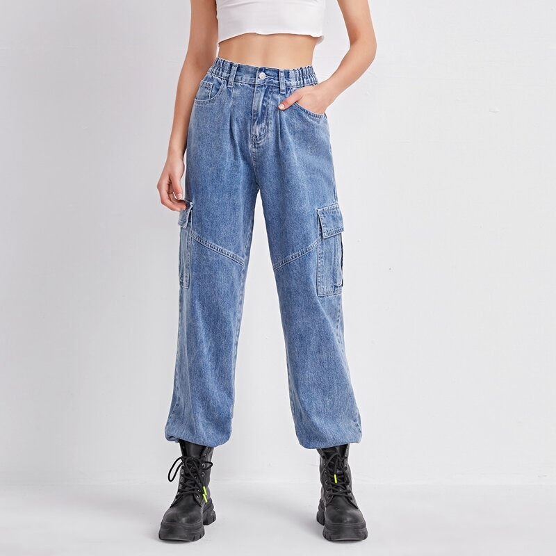 

High Waist Cargo Jeans, Medium wash