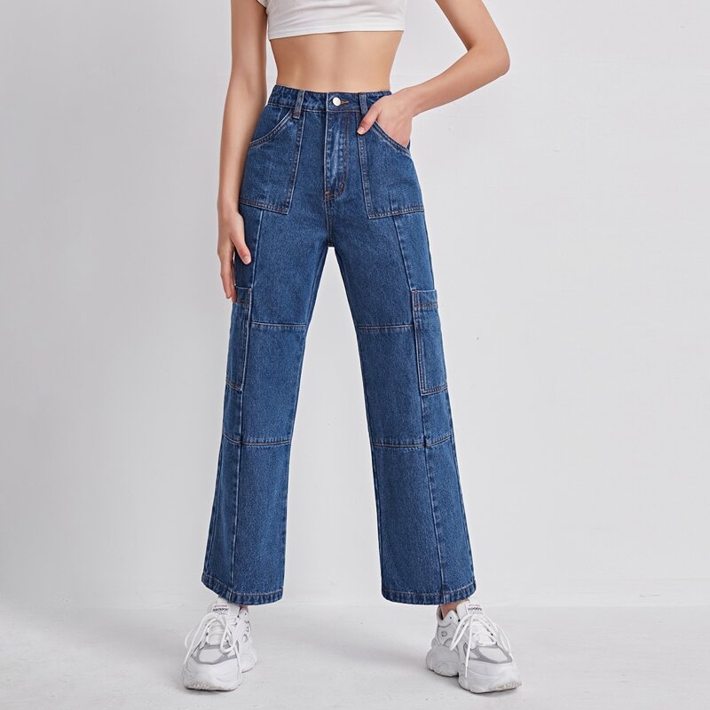 

Zipper Fly Patch Pocket Panel Jeans, Dark wash