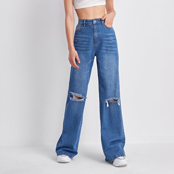 

Ripped Wide Leg Washed Jeans, Medium wash