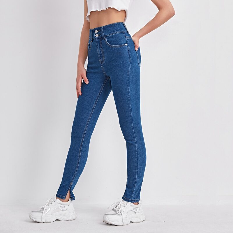 

Zipper Fly Split Hem Skinny Jeans, Medium wash