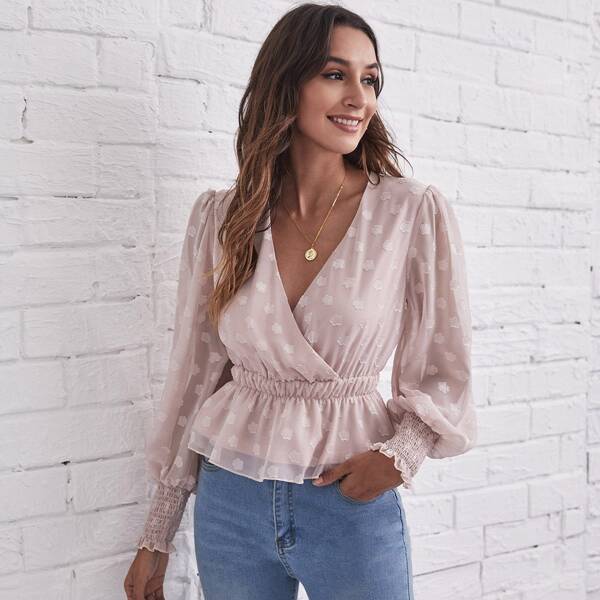 

Shirred Cuff Jacquard Mesh Peplum Top, Baby pink