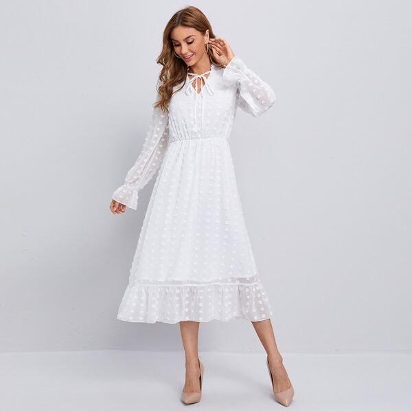 

Tie Neck Ruffle Hem Swiss Dot Dress, White