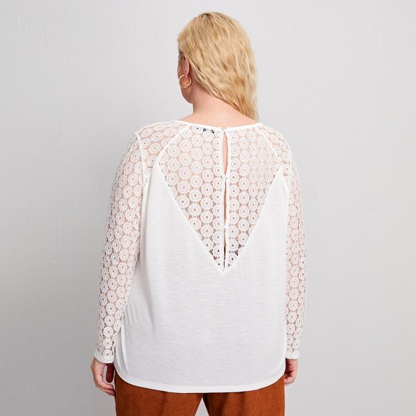 

Plus Contrast Lace Button Back Tee, White
