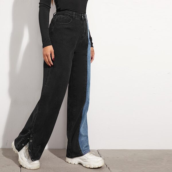 

Button Hem Colorblock Straight Leg Jeans, Multicolor