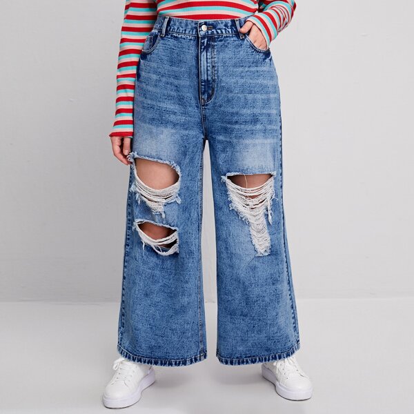 

Plus Ripped Washed Boyfriend Jeans, Light wash