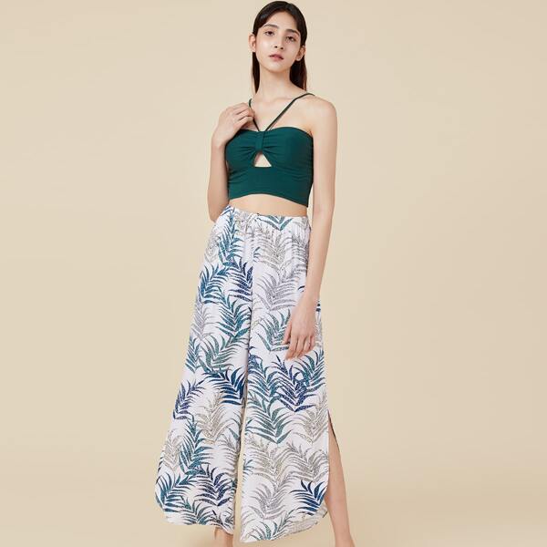 

PJM Ruched Cami top & Split Thigh Tropical Print Skirt PJ Set, Multicolor