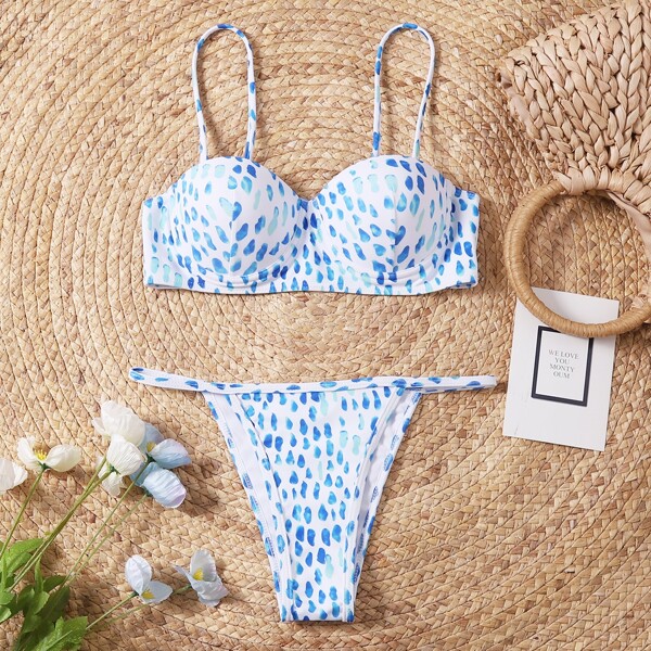 

Dot Print Underwire Thong Bikini Swimsuit, Blue and white